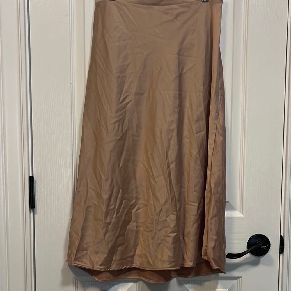 Satin A-Line Midi Skirt in Light Brown